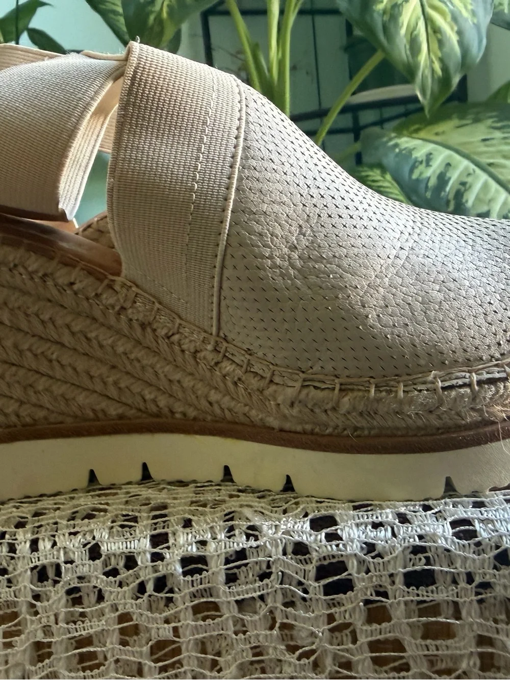 Cream Perforated Elastic Band Espadrille Wedge Sandals